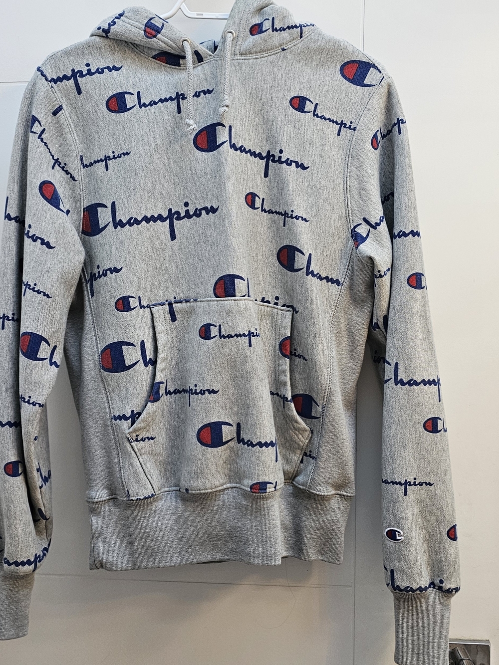 Champion Gray Allover Logo Hoodie - Men's Sweatshirt
